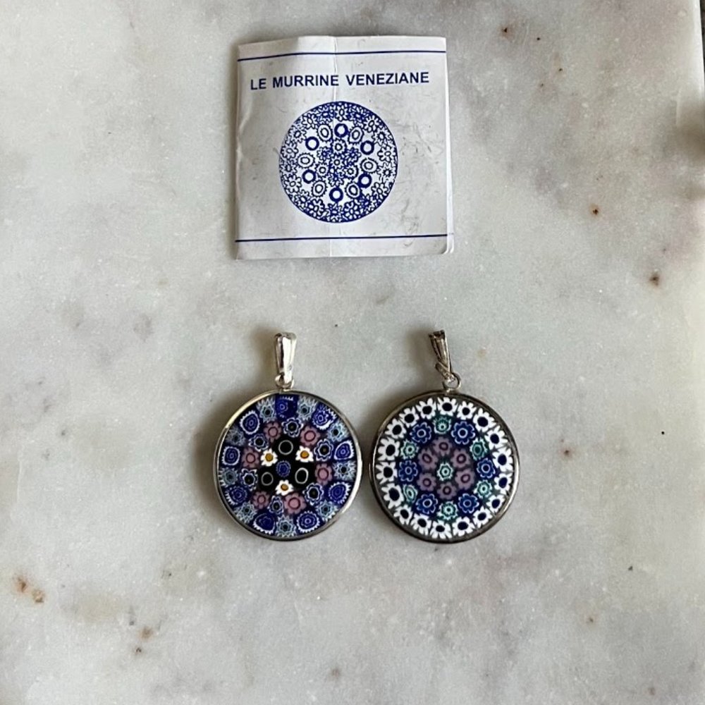 Italian Murano Millefiori 925 Sterling Silver Pendants Floral Glass Art
